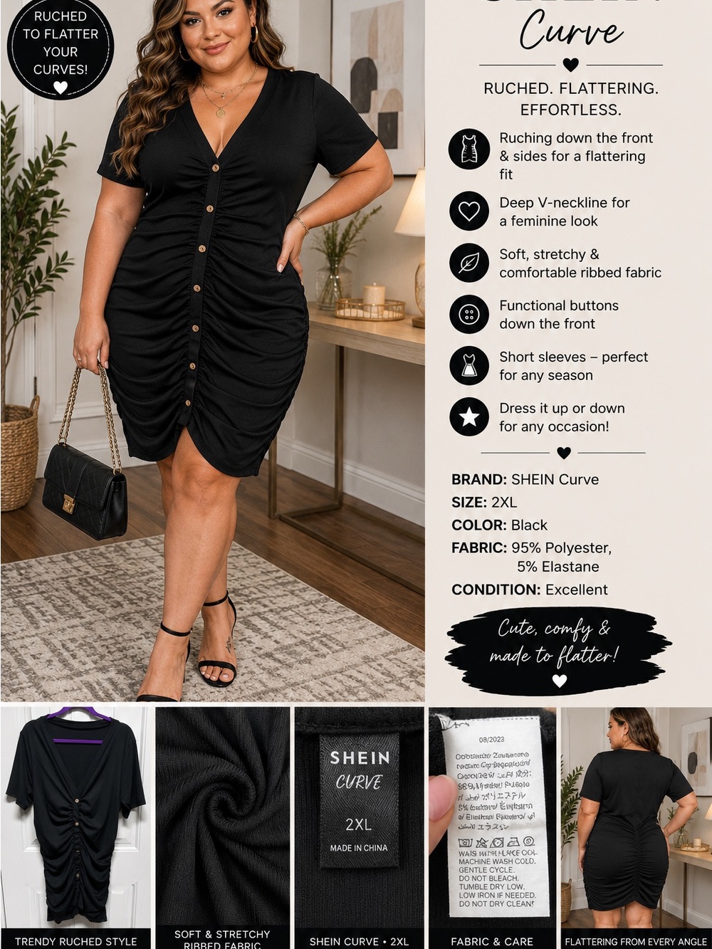SHEIN Curve Black Ruched Button-Front Midi Dress